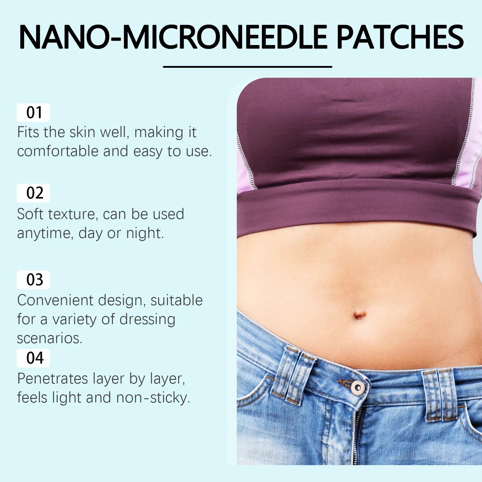 Four slimming microneedle patches on an adhesive bandage for body skin firming.
