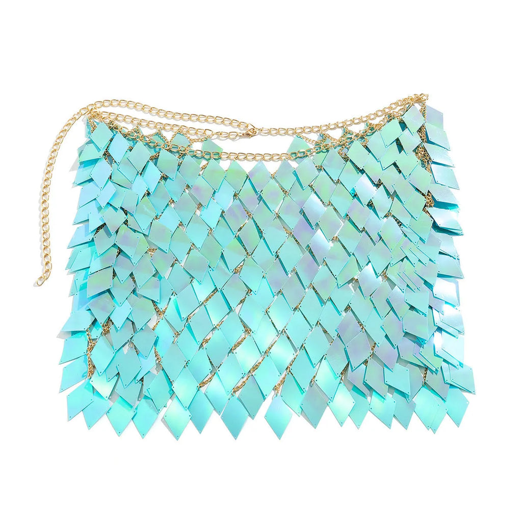 Women's geometric electroplated plastic body chain in orange colour on casual beach setting