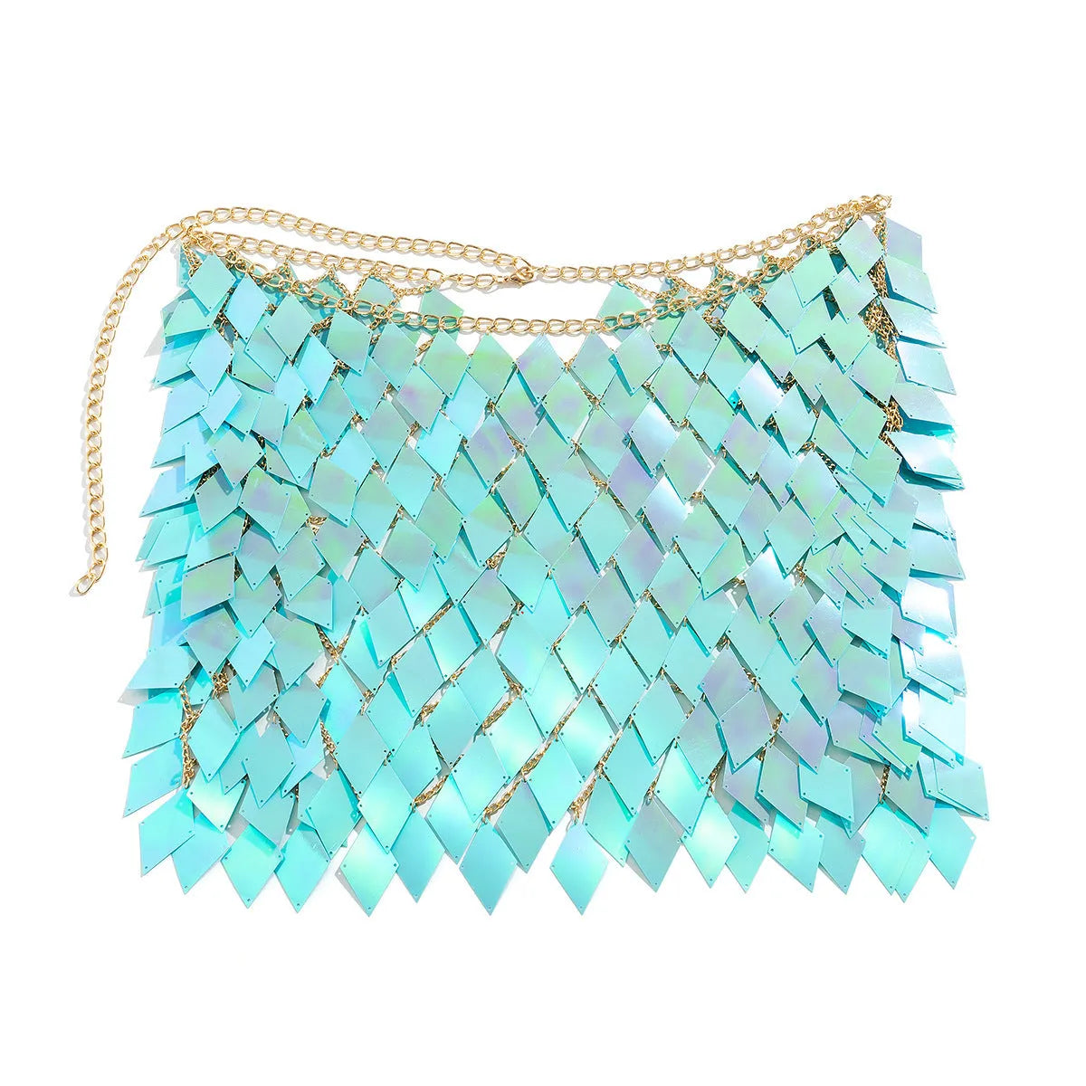 Women's geometric electroplated plastic body chain in orange colour on casual beach setting