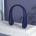 Blue bladeless neck fan being worn, showing the flexible neckband and the safe air outlet.