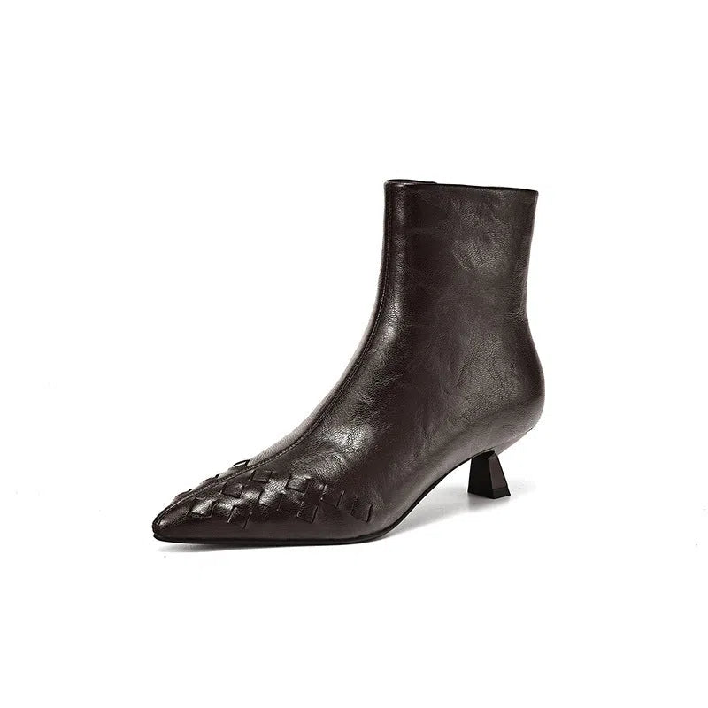 Women's knit ankle mid-heel boots with genuine cowhide leather, plush lining, and waterproof platform