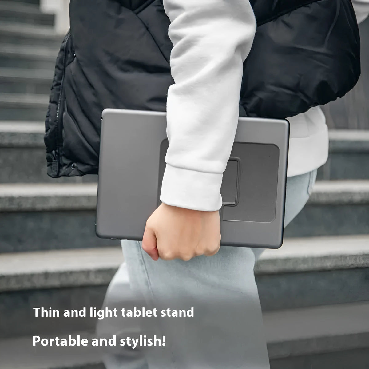 Multi angle magnetic folding tablet stand for 9.7-13 inch tablets, 3mm thick with suction cup and removable adhesive