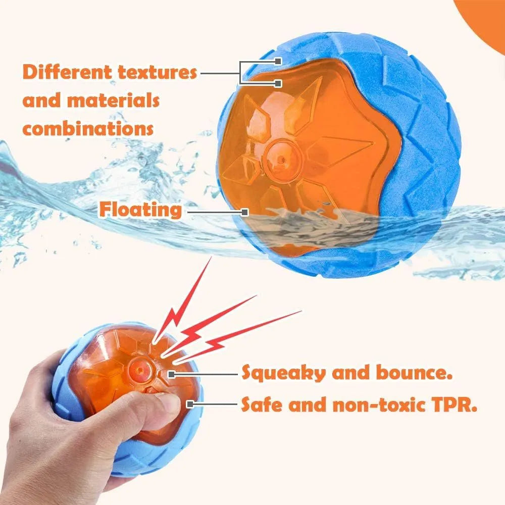 Set of three floating squeaky dog toys: a ball, barbell, and tyre on a blue background.