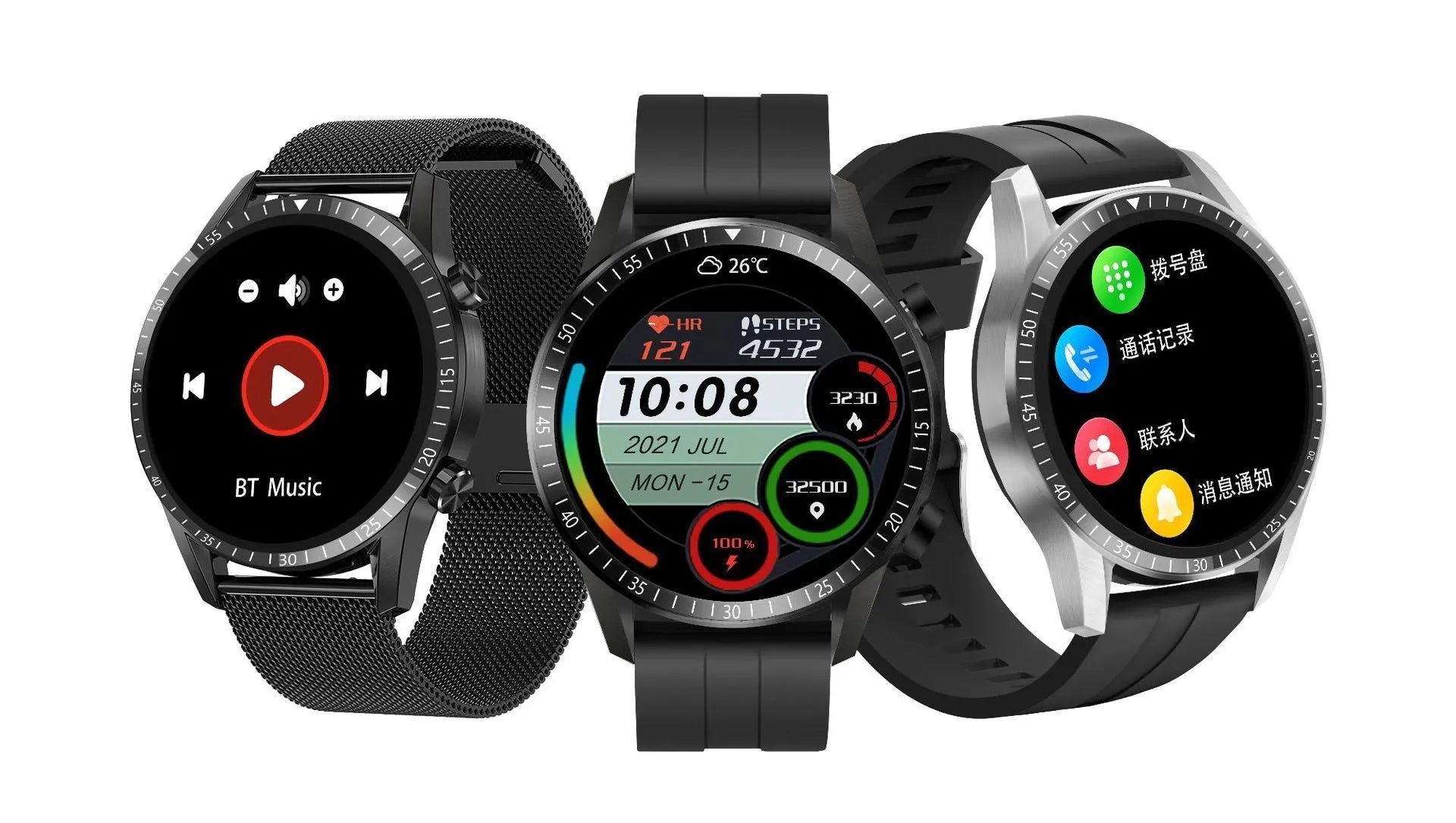 Round smart Bluetooth calling watch with aluminium alloy case on wrist, showing touch screen interface.