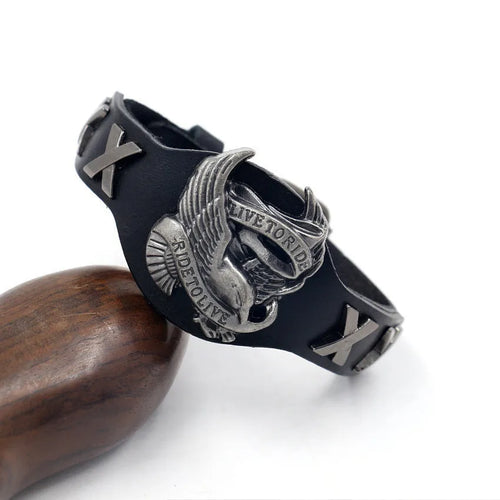 Black leather bracelet with a silver alloy eagle motif on a tapered band