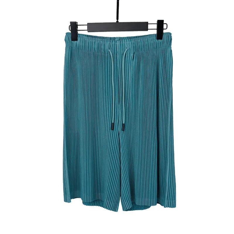 Menswear pleated loose large size casual shorts in polyester, high elasticity, retro straight leg, summer colours