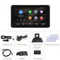 7 inch HD wired wireless media player screen with universal mounting brackets and cables on a dashboard
