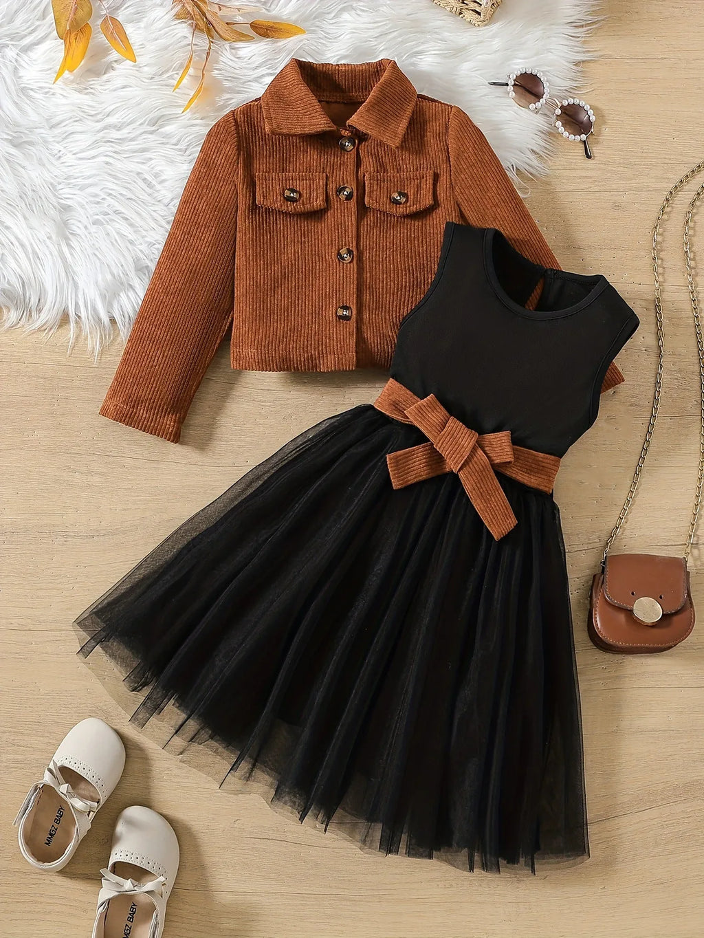 Girls' two-piece formal suit set with long-sleeve jacket and grenadine skirt in striped or solid colour