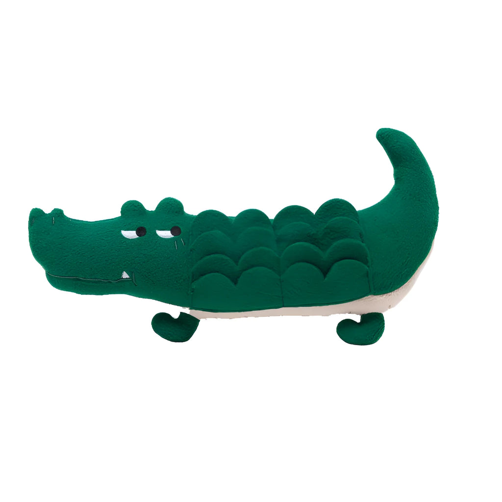 Green soft plush toy dog measuring 35 cm long on a white background