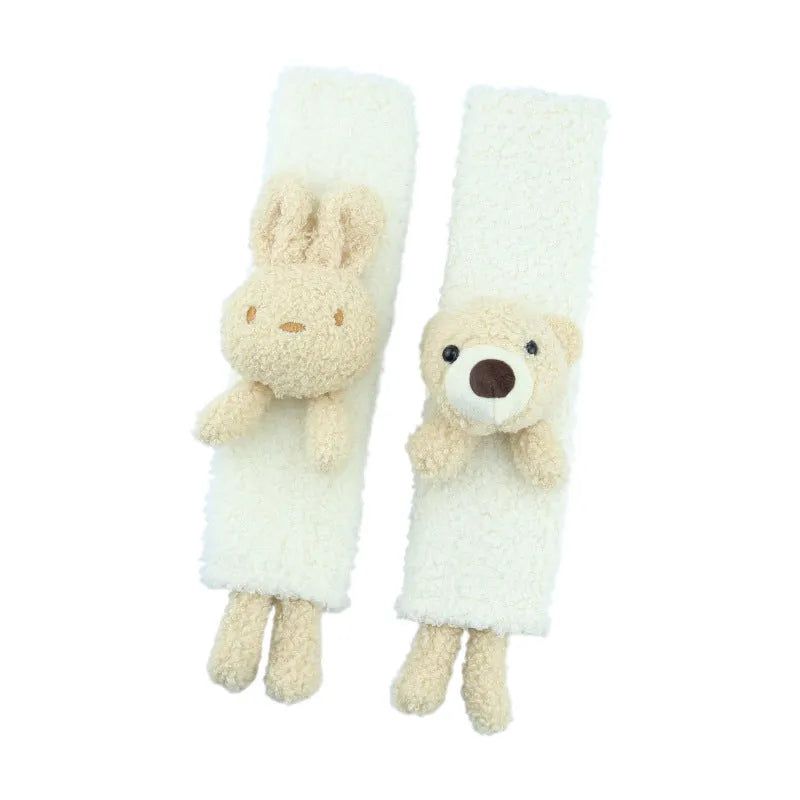 Cartoon plush car seatbelt shoulder protector in lamb wool fabric, showing Rabbit and Bear design options.