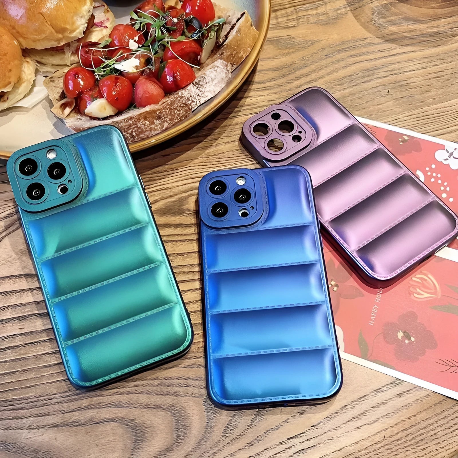 Laser blue silicone down jacket textured phone case with frosted finish for iPhone