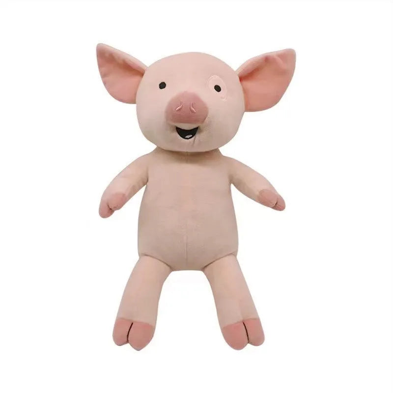Pink pig plush doll 30cm tall soft stuffed toy with PP cotton filling on white background