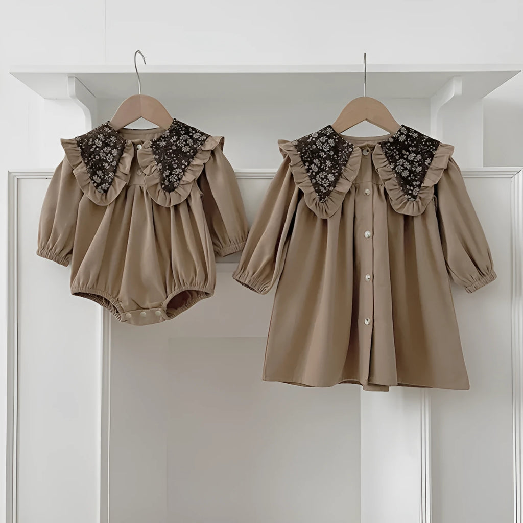 Long sleeve cotton romper dress with floral collar and butt wrap buttons for toddler girls