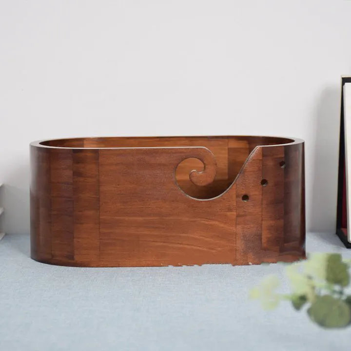 Fashion retro solid wood oval storage box in black walnut colour with lid and double-sided hole, 28.5 cm long