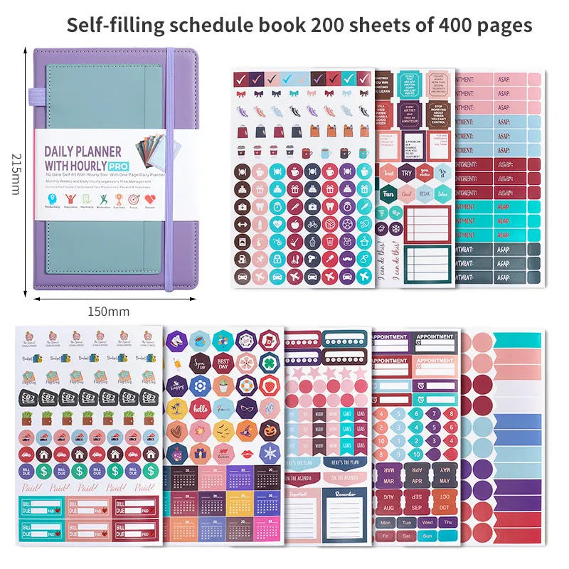Creative undated notebook with PU cover in six colours, showing thread binding and planning stickers