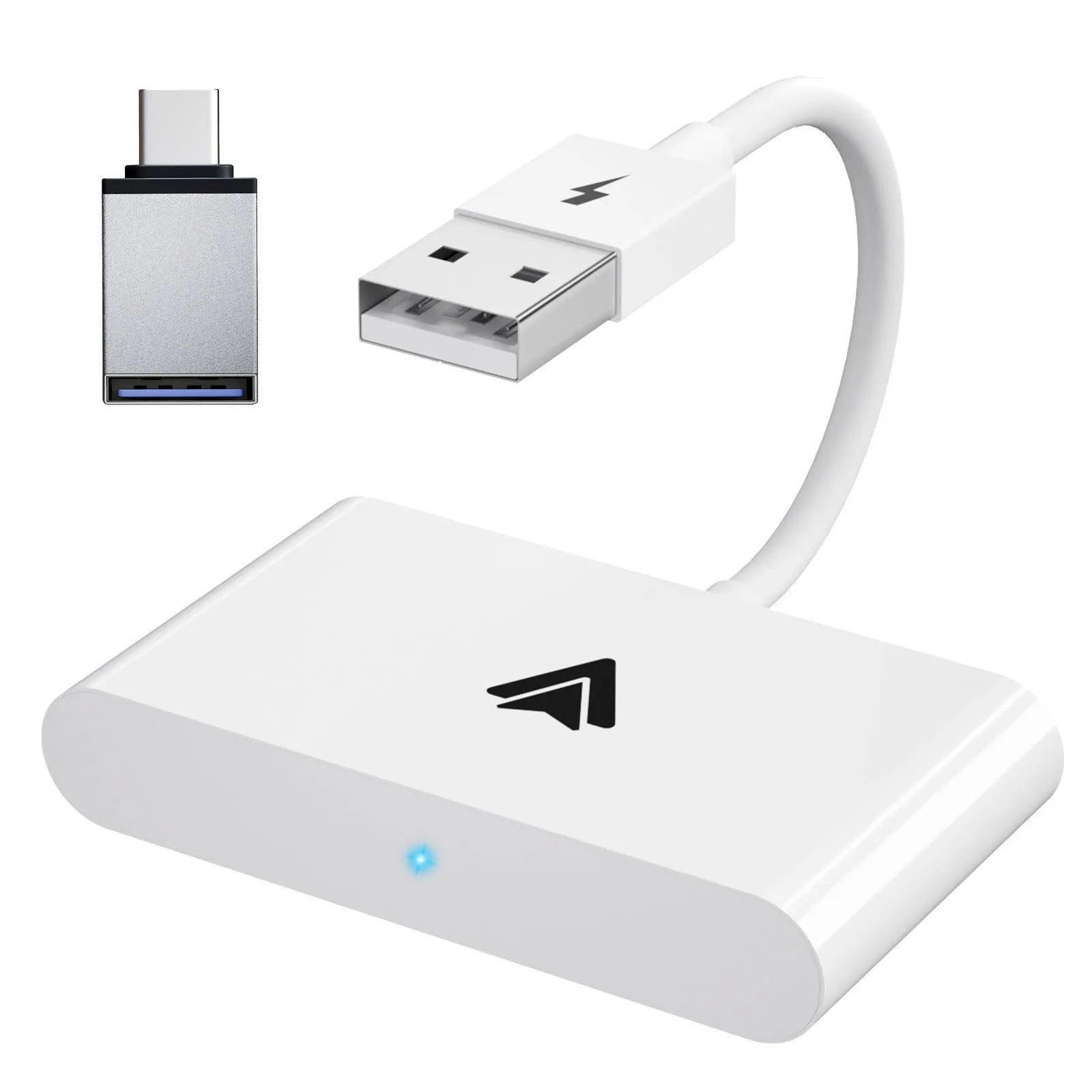 Car wired to wireless Android adapter in black and white colour variants for connecting phones to factory CARPLAY systems.