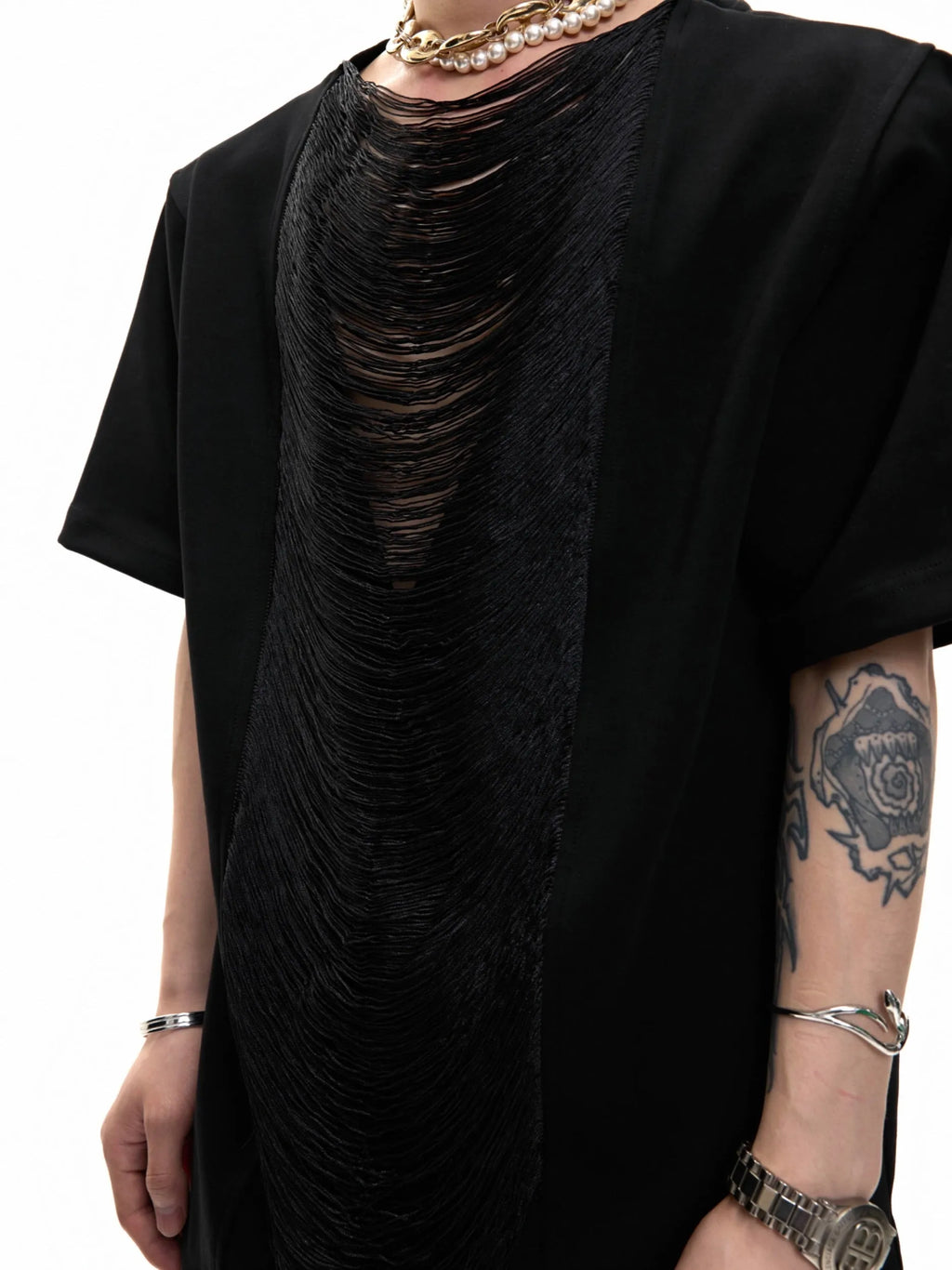 Men's black V-neck T-shirt with hollow out pattern and tassel detail
