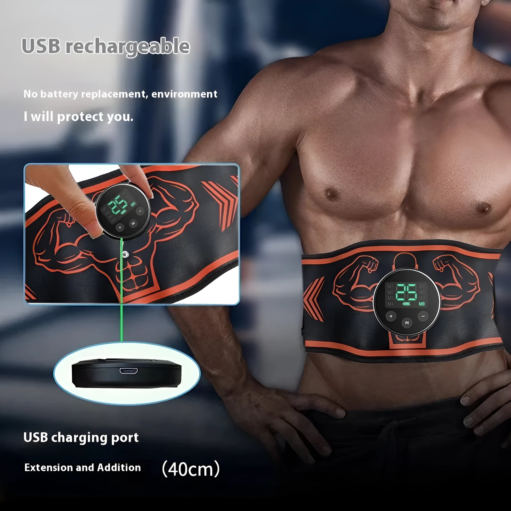 Smart Massage Belt EMS device with orange host, adjustable fitness belt, and electrode stickers on a grey background.