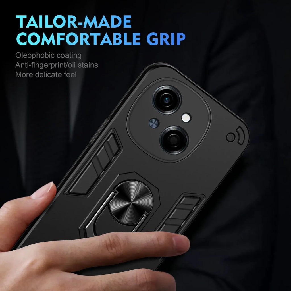 PC phone case with 360 bracket for Tecno models in black, blue, and green, back cover with anti-fall airbag corners