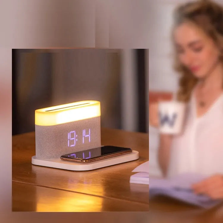 Black and white multifunction wireless charging bedside lamp with digital clock display