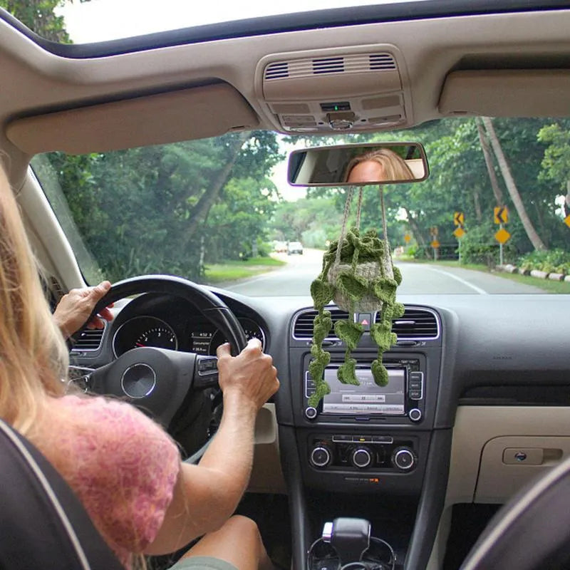 Green and white knitted wool car plant decoration with small basin and hanging rope.