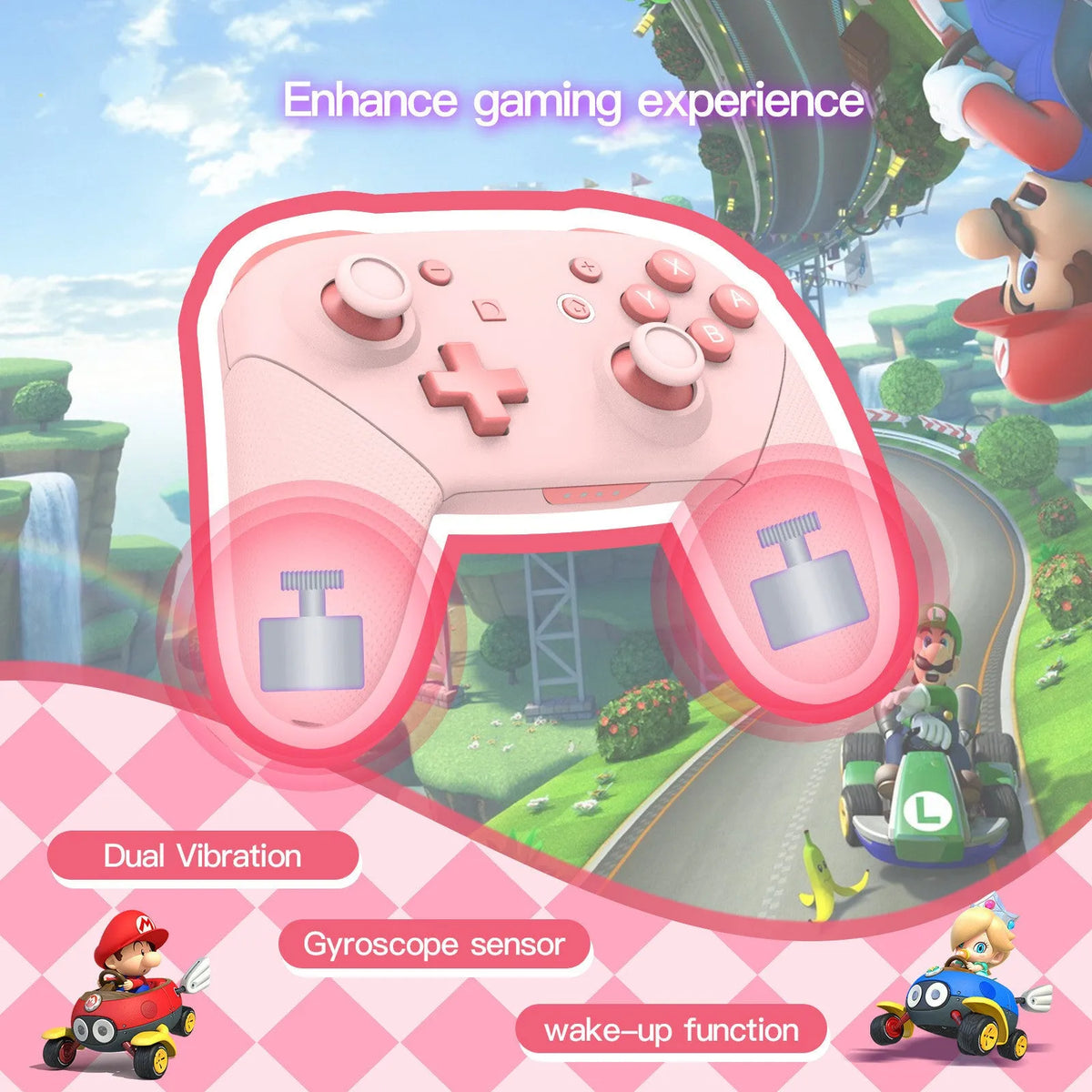 Wireless game controller in pink with USB charging cable, compatible with Switch PC Tesla