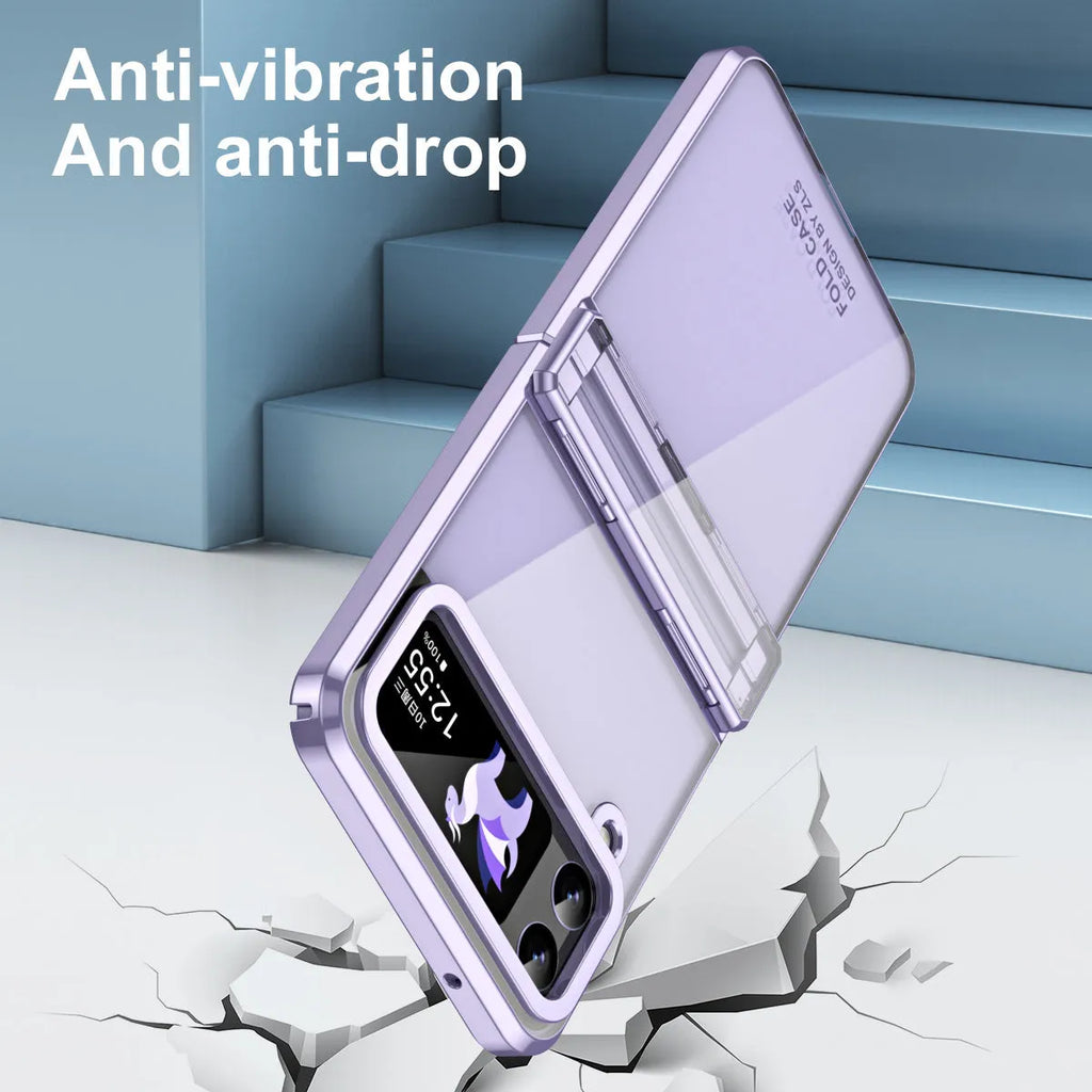 Samsung Z Flip 4 Z Flip 5 foldable PC phone case with transparent back and electroplated hinge in Black Phantom colour
