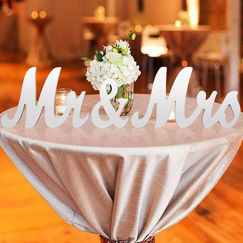 White wooden MR & MRS decoration on density plate with European style for shelf display