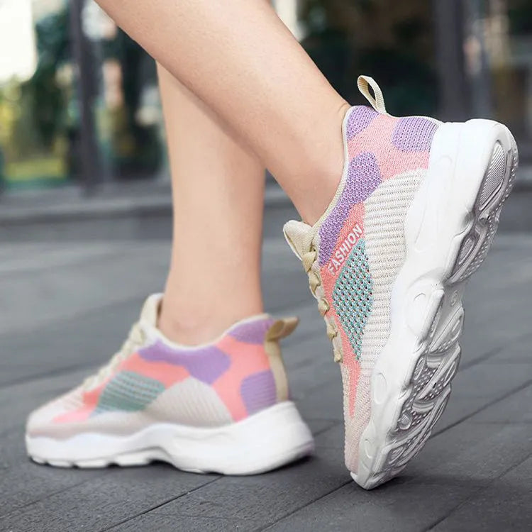 Women's blue and pink colourblock lace-up sneakers with mesh uppers