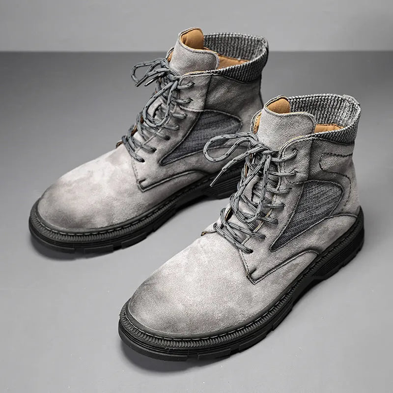 Men's vintage Martin boots in sand colour with frosted leather texture and thick rubber sole.