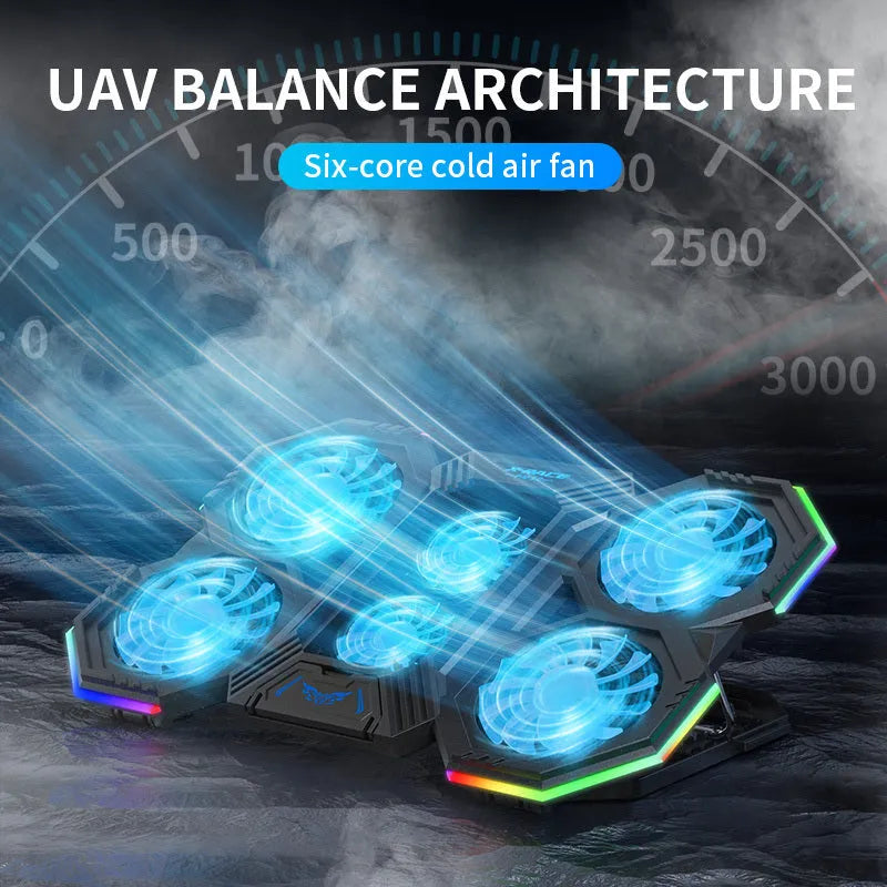 Laptop cooling pad with six fans, RGB lighting, and seven height adjustments for 12-21 inch notebooks