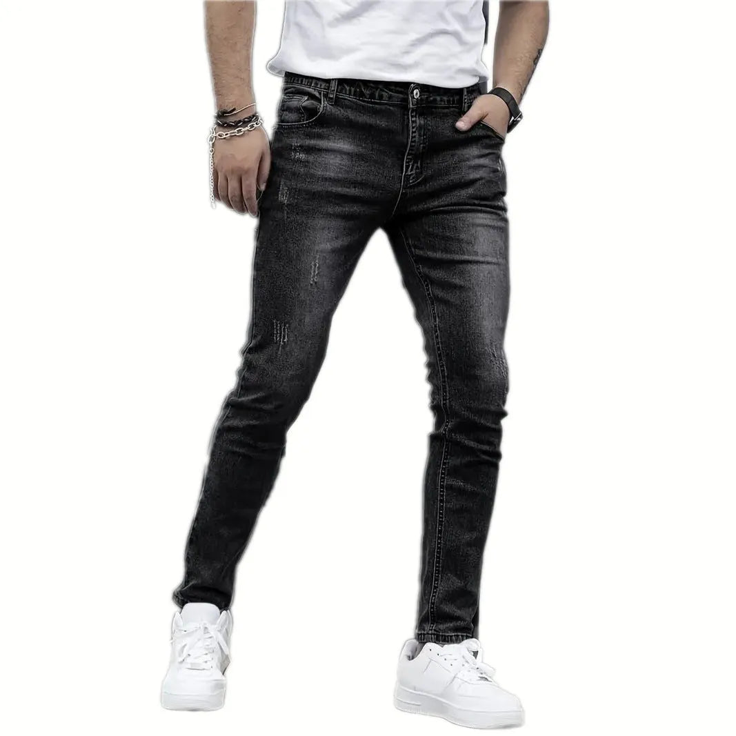 Men's straight-leg skinny jeans in black with high elasticity cotton fabric and zipper fly