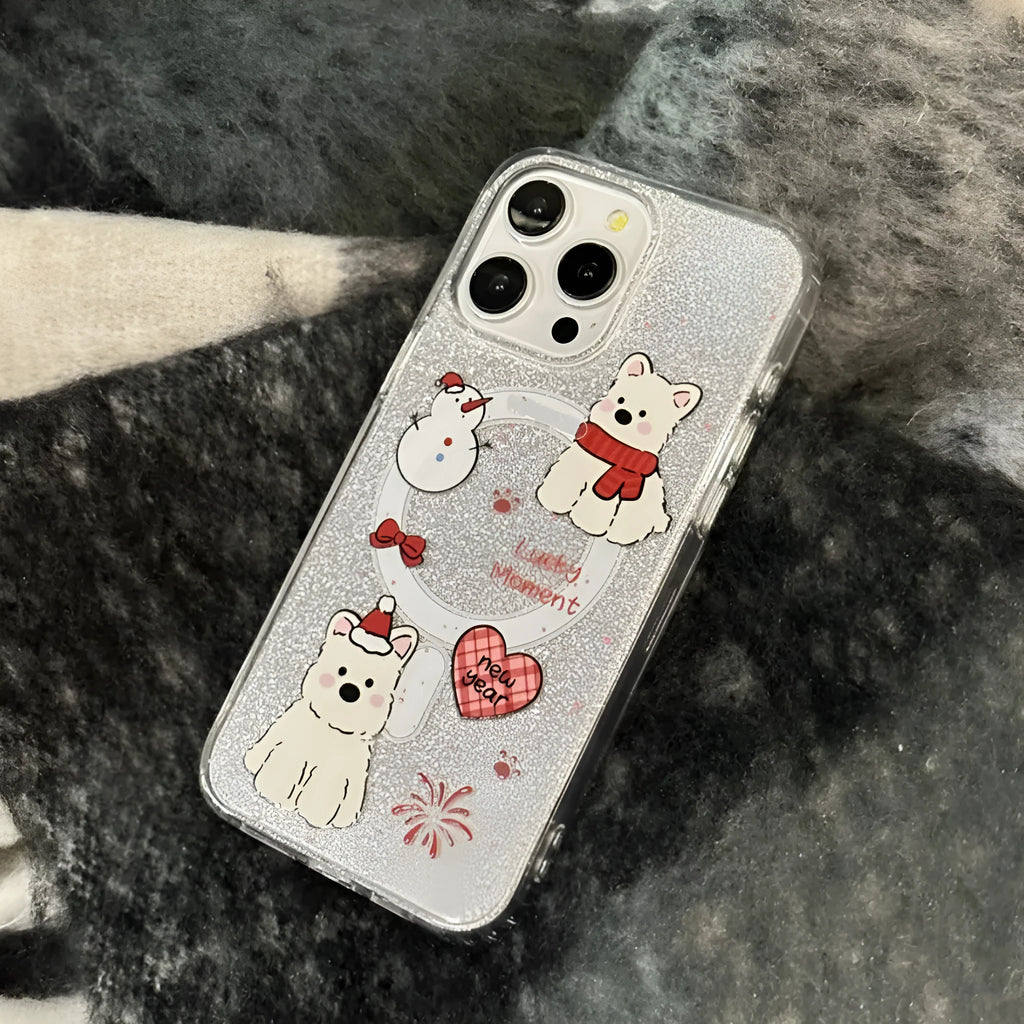 Cartoon red scarf dog magnetic silicone phone case for iPhone with glitter fireworks print