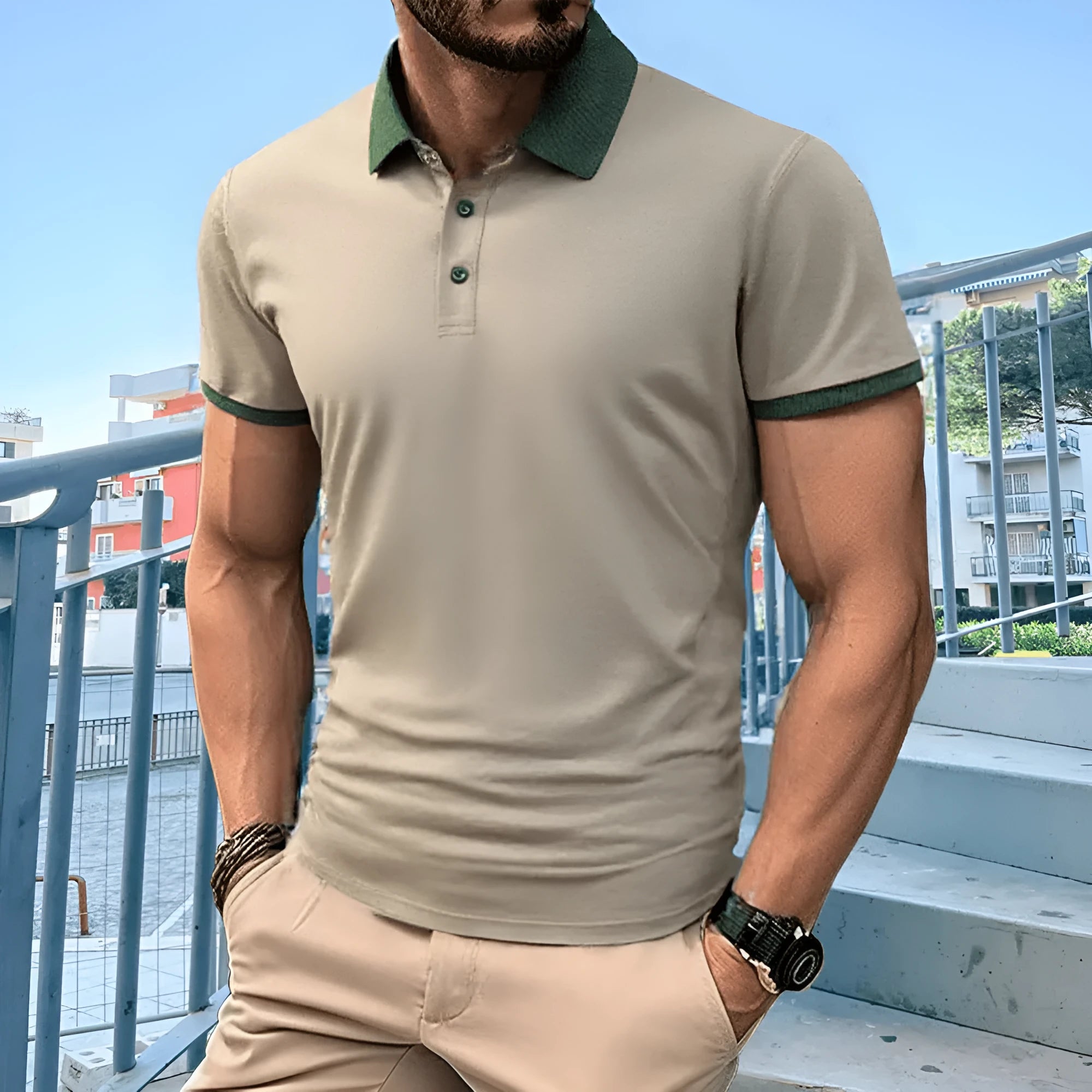 Men's green summer polo shirt with short sleeves and a black flocking design on the front.