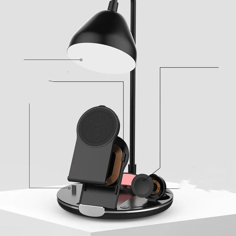 Black magnetic folding wireless charger stand showing adjustable angles for device viewing while charging