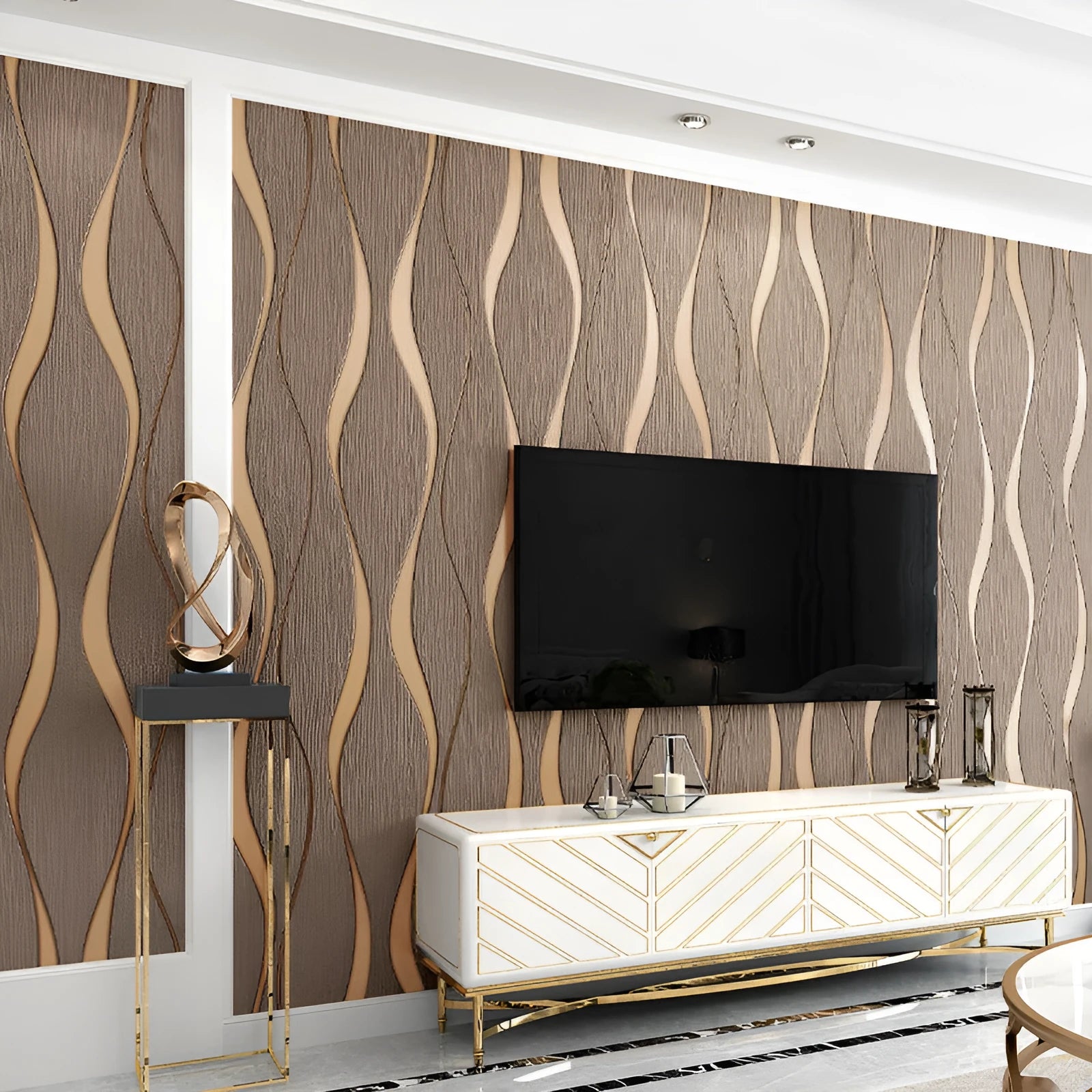 Close-up of dark brown 3D striped wallpaper with thick deerskin velvet texture.