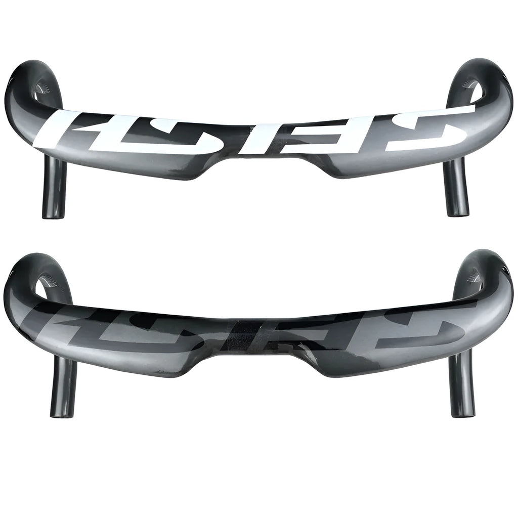 Carbon fibre road bicycle drop handlebar shown in black, highlighting its bend and clamp area.