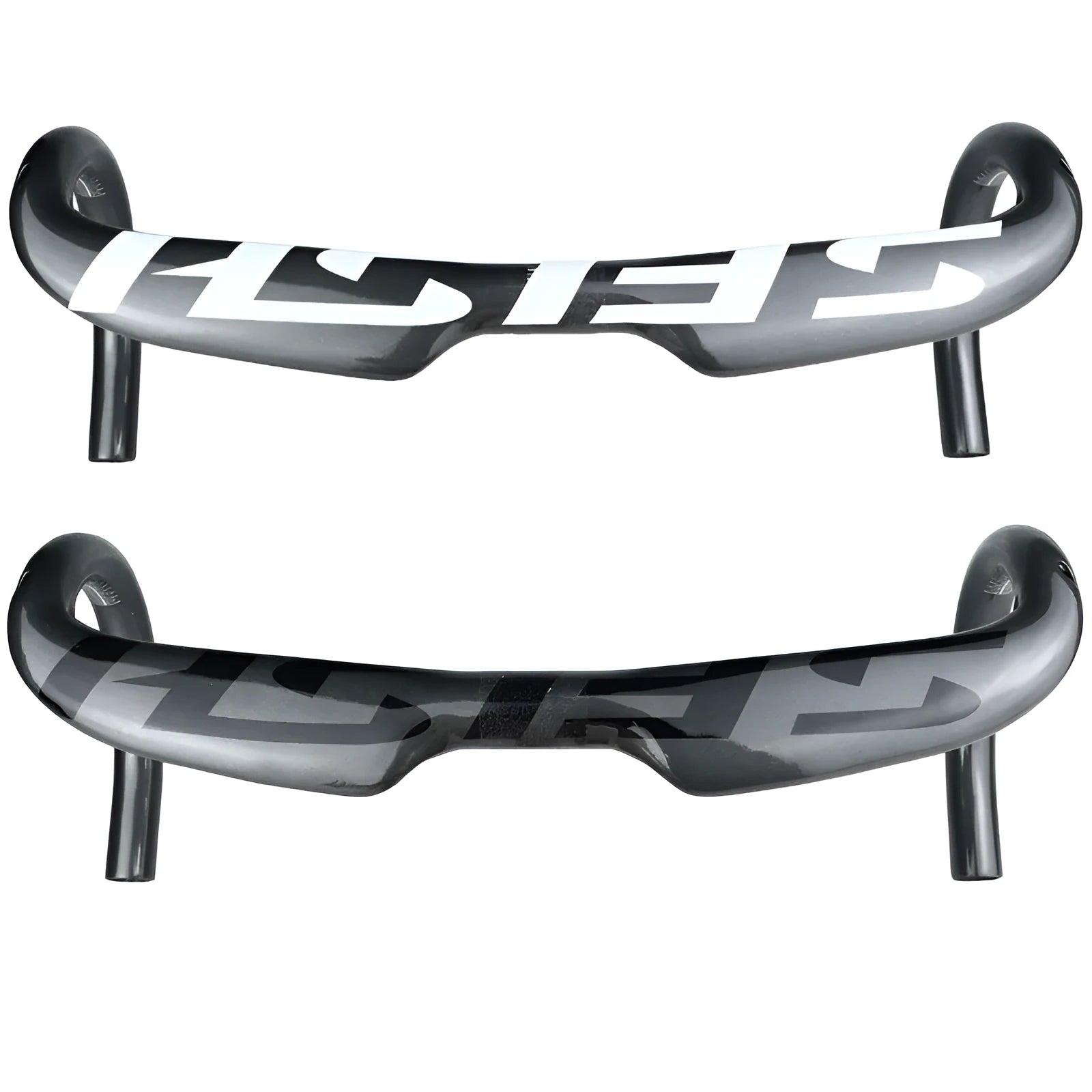 Carbon fibre road bicycle drop handlebar shown in black, highlighting its bend and clamp area.