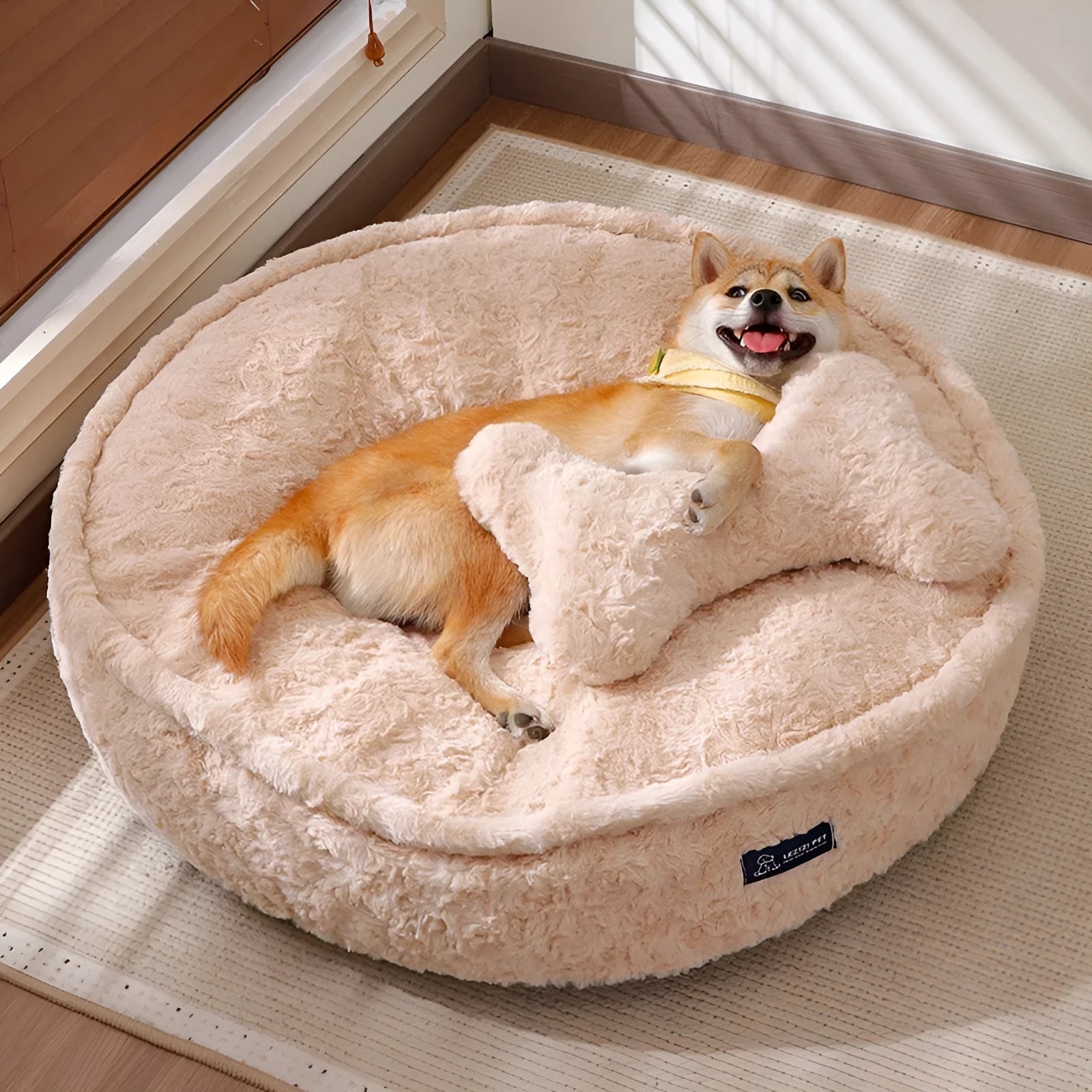 Round nest style pet bed in milk tea colour with a removable cloth cover, shown with S, M, L, XL size options.