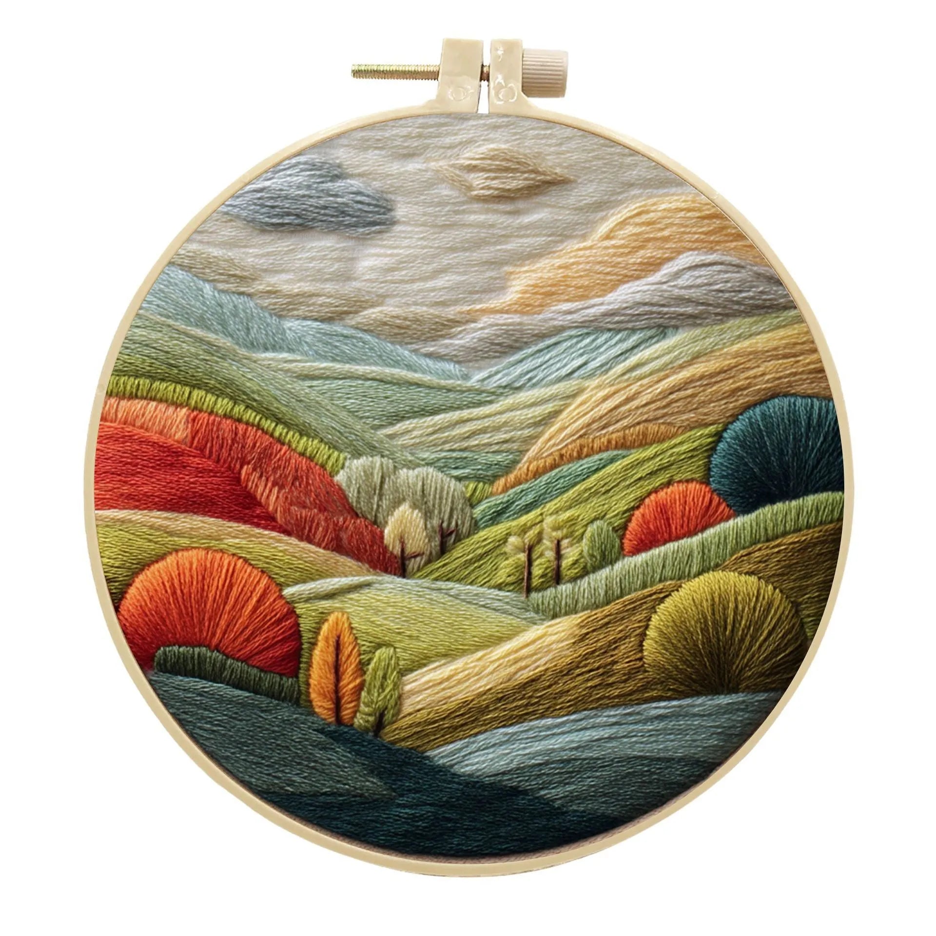 Embroidery DIY kit with 15cm bamboo frame, cotton linen fabric, and landscape design for handmade cloth art