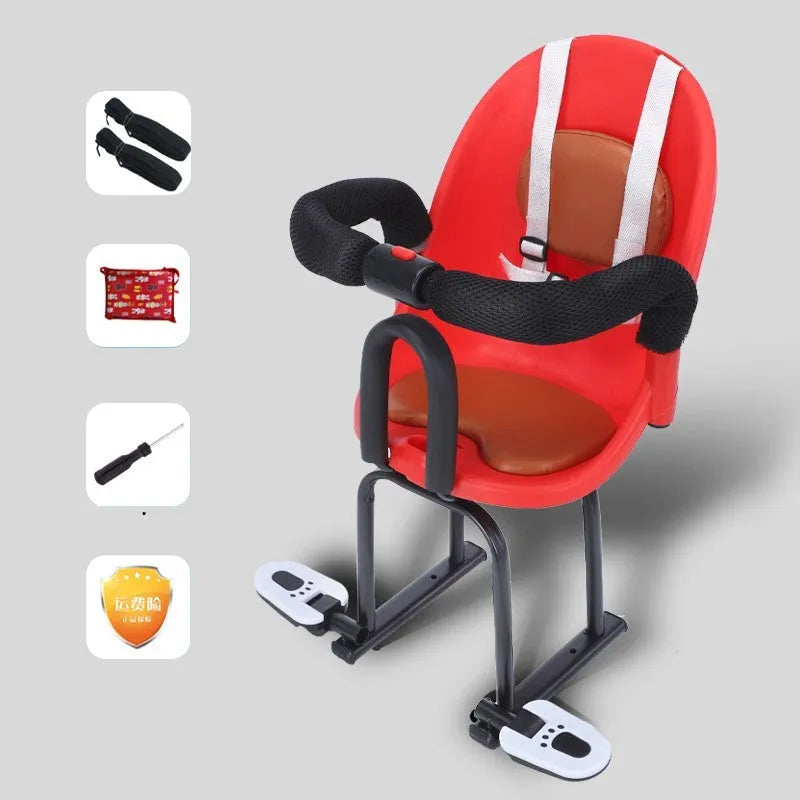 Front-mounted child seat for electric scooters with steel frame in black, red or white