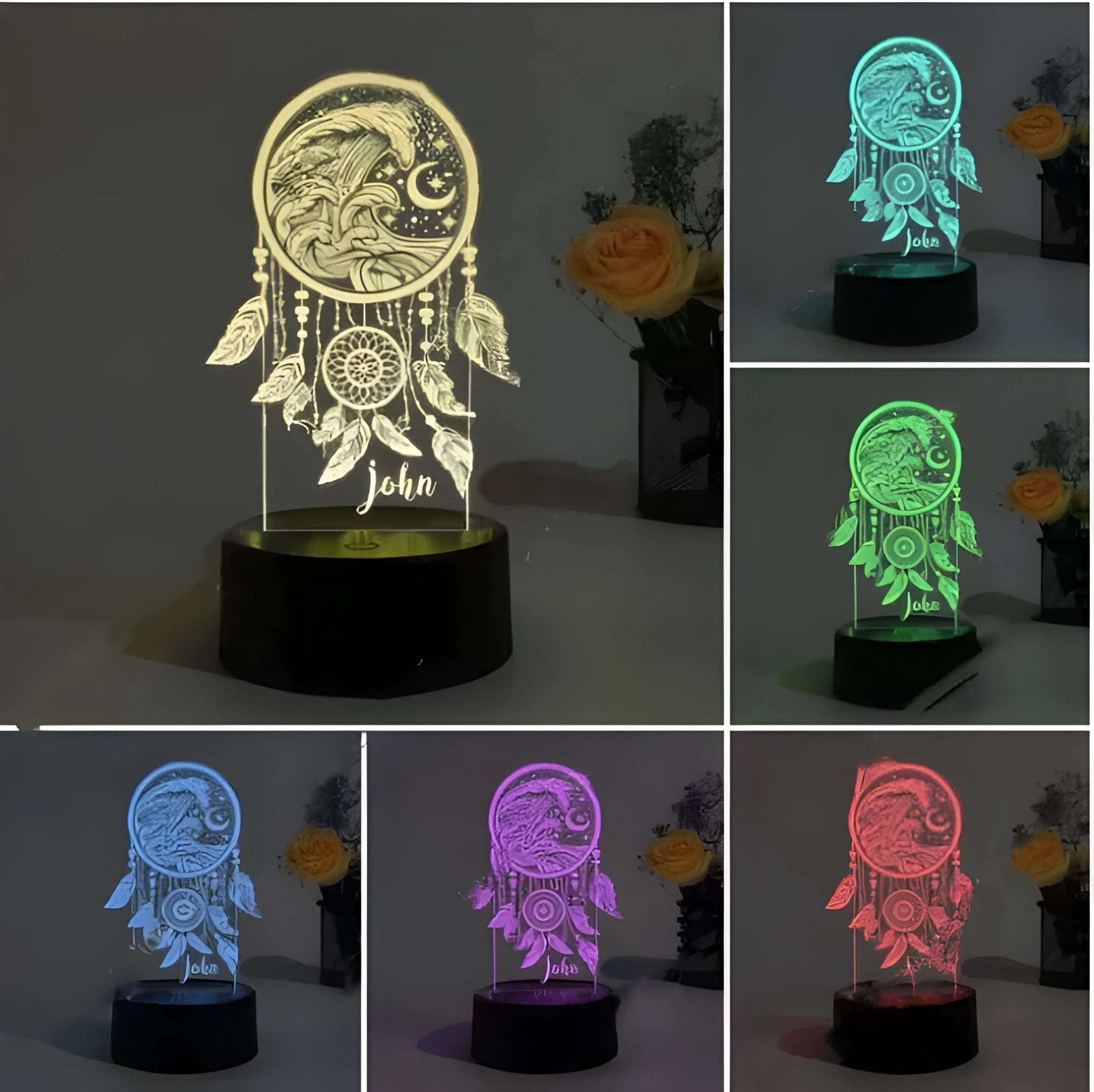 Black-based acrylic dream catcher night light with remote control on a table, showing colourful light mode.
