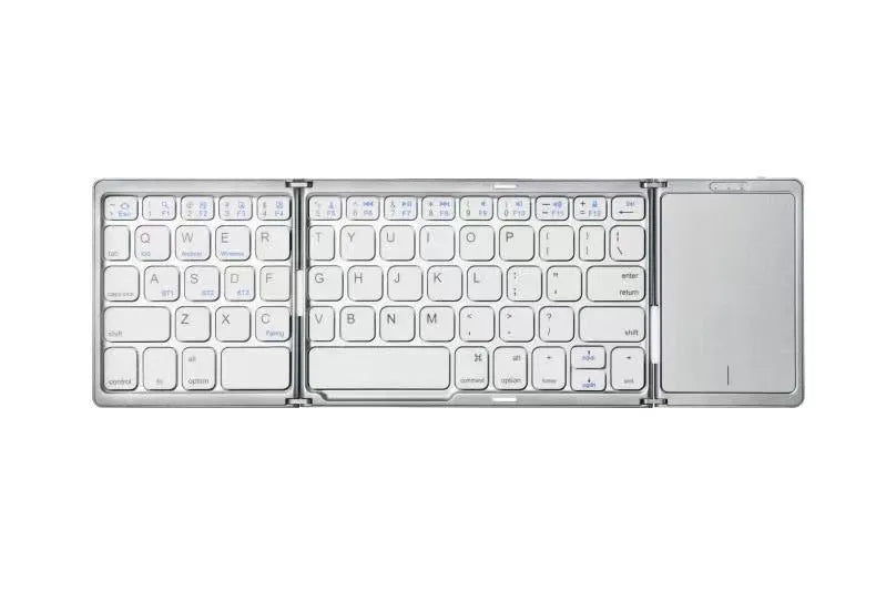 Three folding wireless Bluetooth keyboard with touch pad in black, unfolded on a table