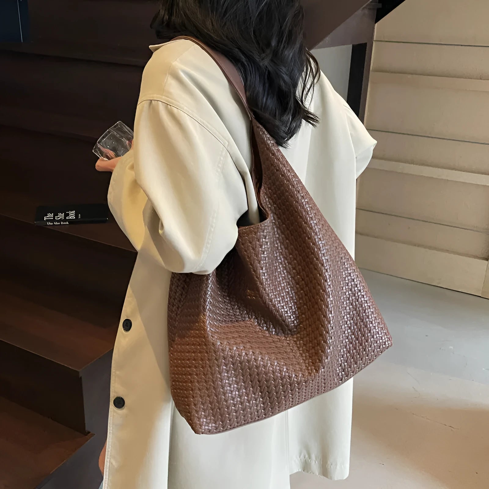 Retro women's woven PU tote bag, medium hard, square vertical shape, 38x42x13cm, olive green colour