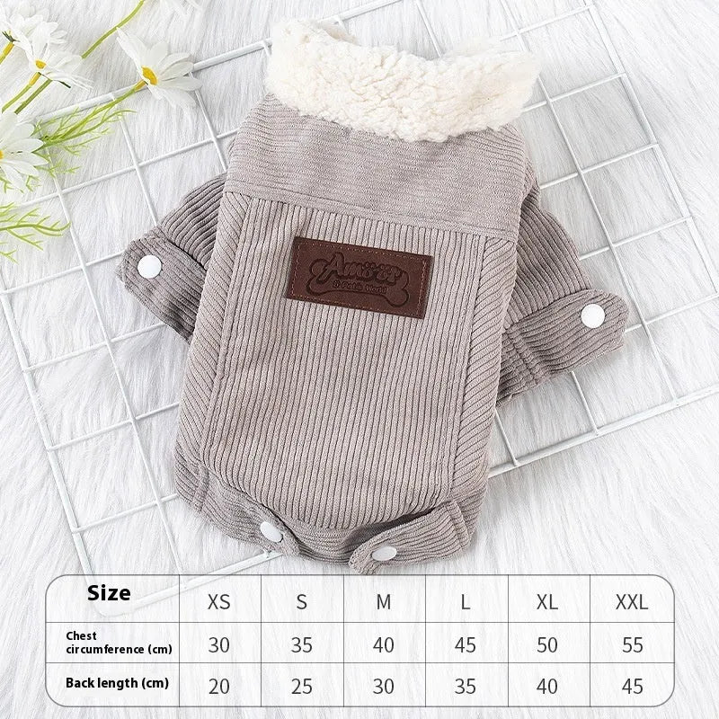Lambswool grey fleece lined dog vest for winter warmth shown on a small dog.