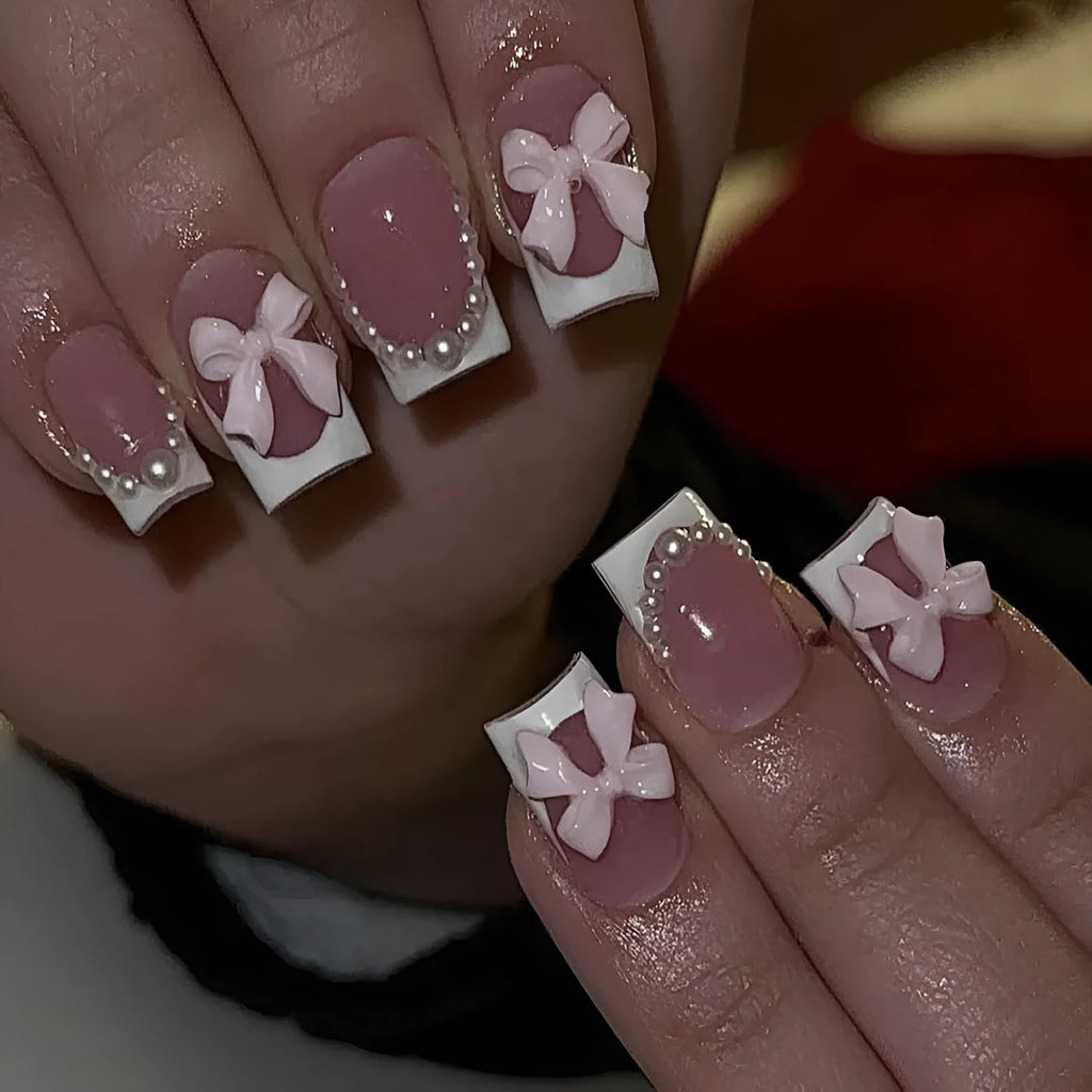 S274 French manicure gel strips with white tips, bow, and tulip designs for short square nails on a blush base.