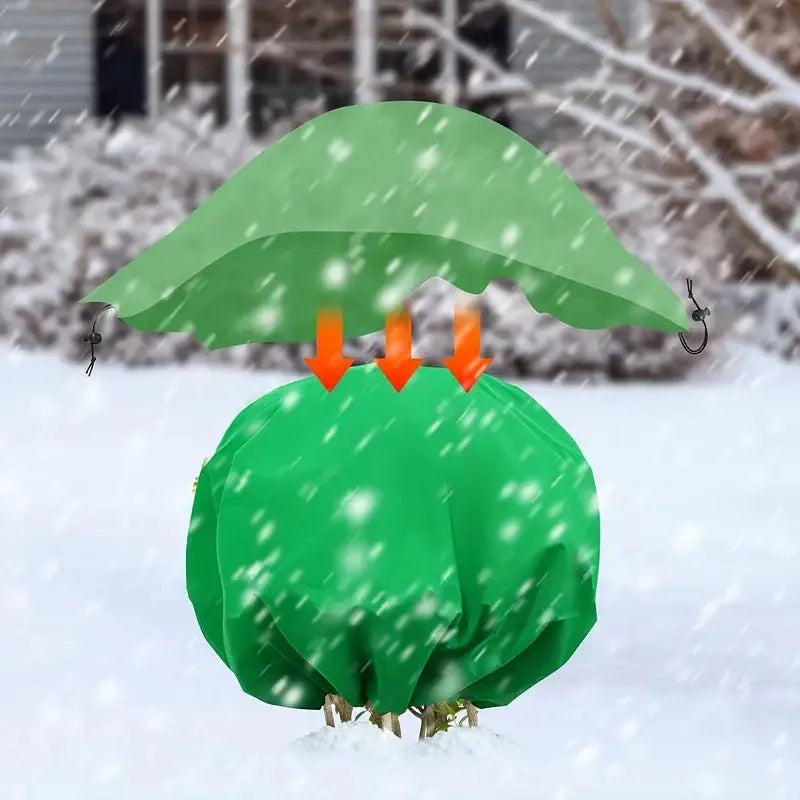 Round winter non-woven plant camera cover in green with drawstring for frost protection