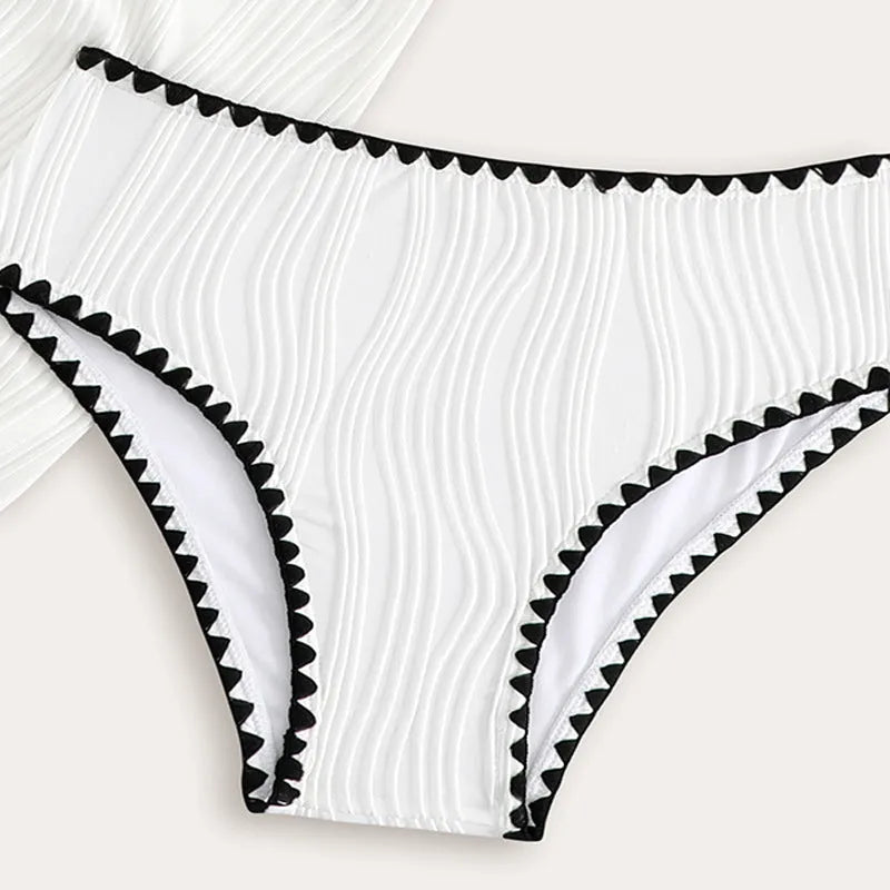White solid colour three-piece swimsuit set for girls with top, pants, and skirt