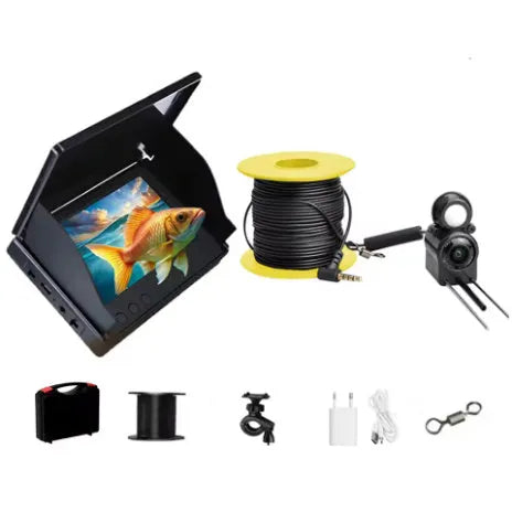 Underwater fish finder HD camera with 4.3-inch screen, showing a video feed of fish and aquatic plants.