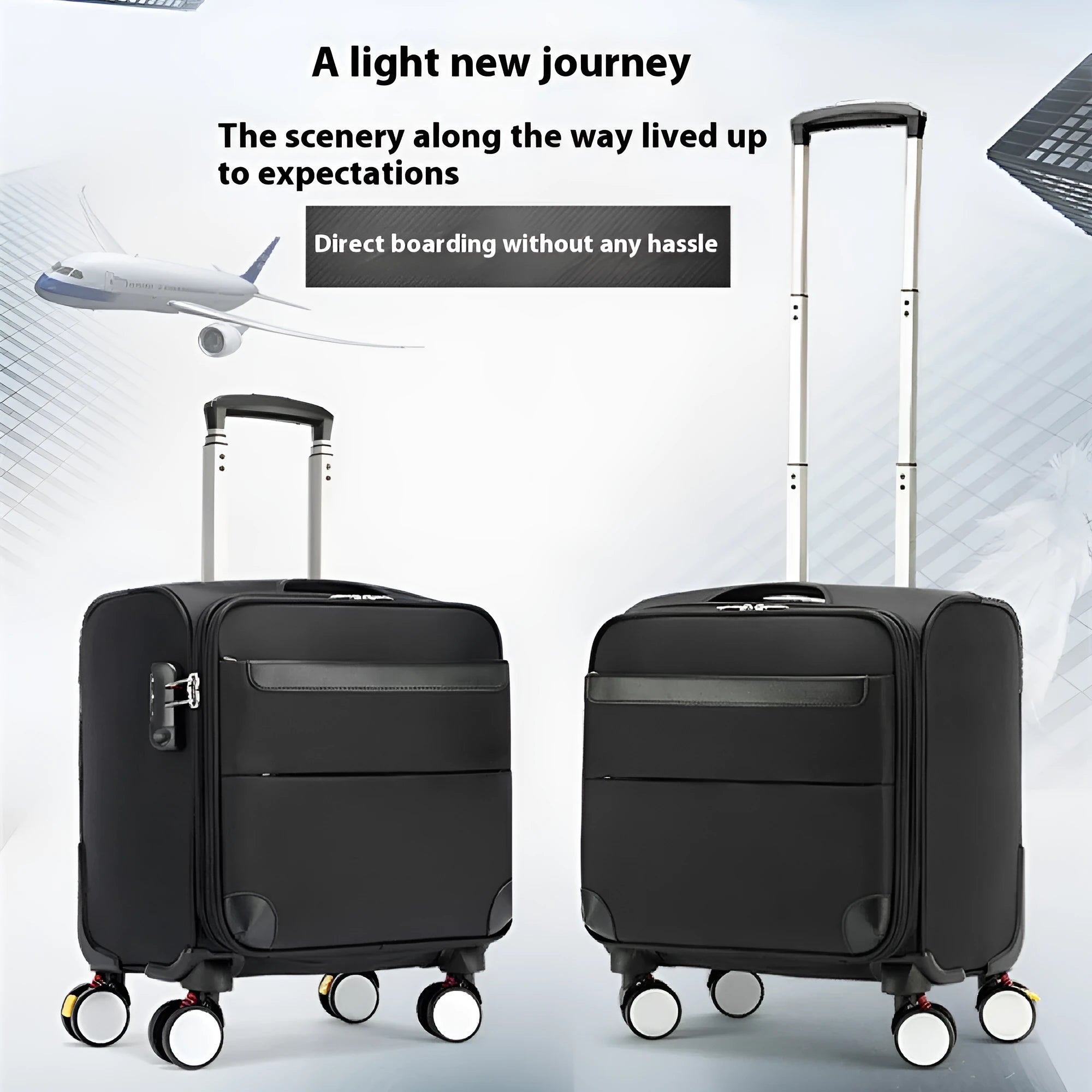 18-inch black Oxford cloth carry-on suitcase with telescopic handle and four spinner wheels.